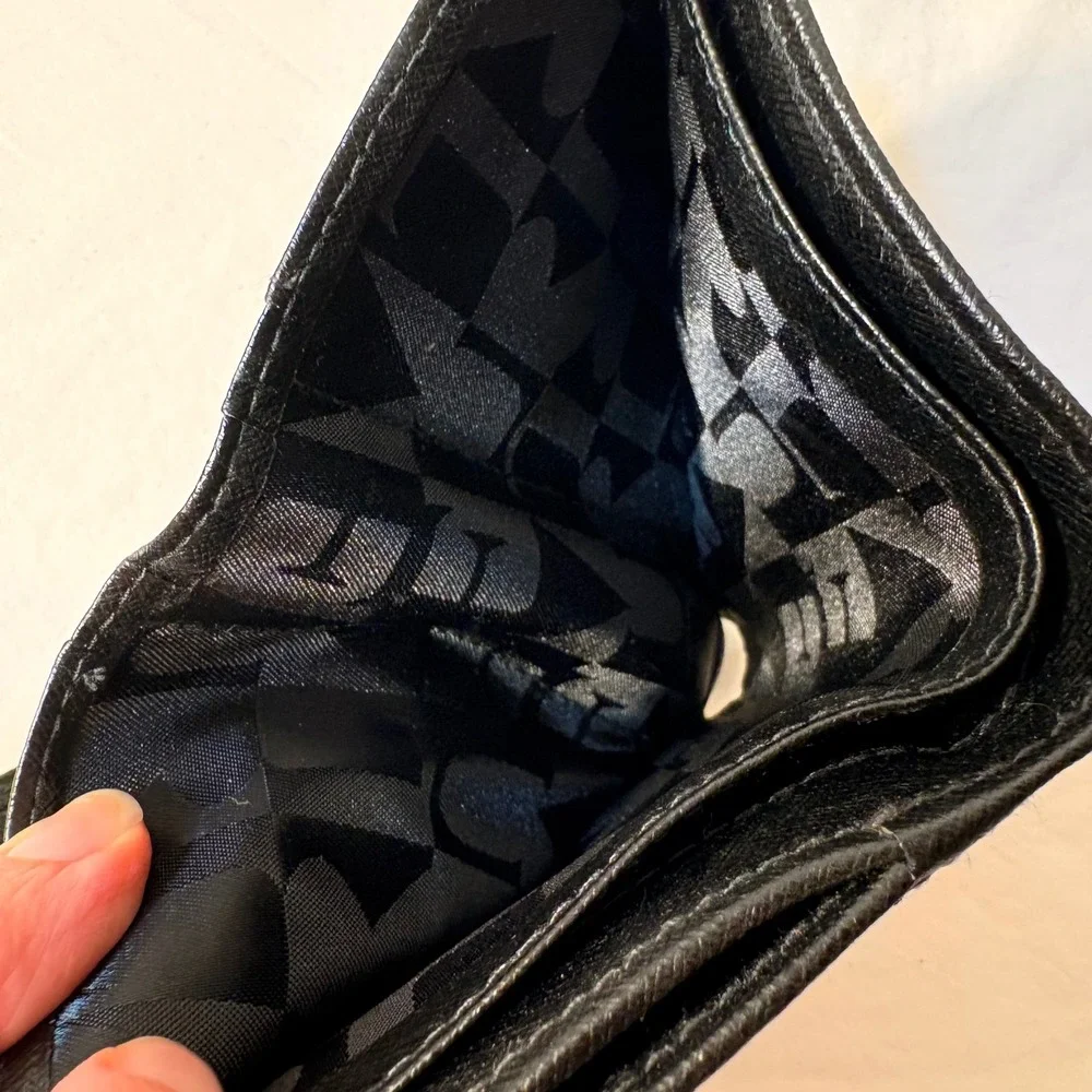 Furla Black Textured Leather Tri Fold Wallet Coin Pocket Card Slots Snap Closure
